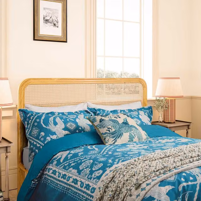 Joules Hidcote Birds Floral Single Duvet Cover and Pillowcase Set, Blue Cotton Percale