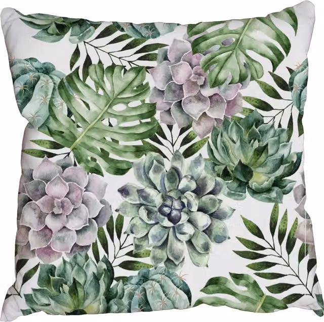Benjamin Tate Design LTD Green Watercolor Tropical Plants Square Cushion, W: 60 cm, H: 60 cm