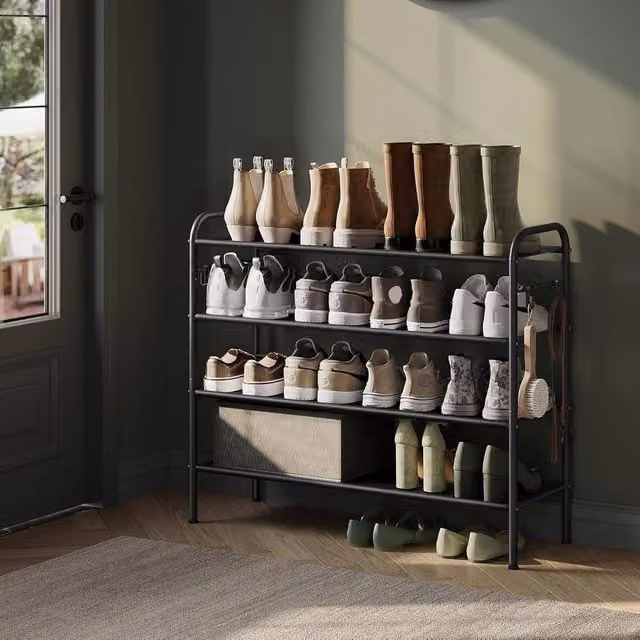 The Bazaarist 4 Tier Fabric Shoe Rack with Hooks in Black – 1
