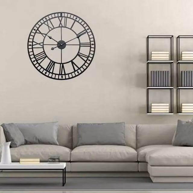 Livingandhome Vintage Silent Skeleton Industrial Wall Clock, Black Metal, Round Analog
