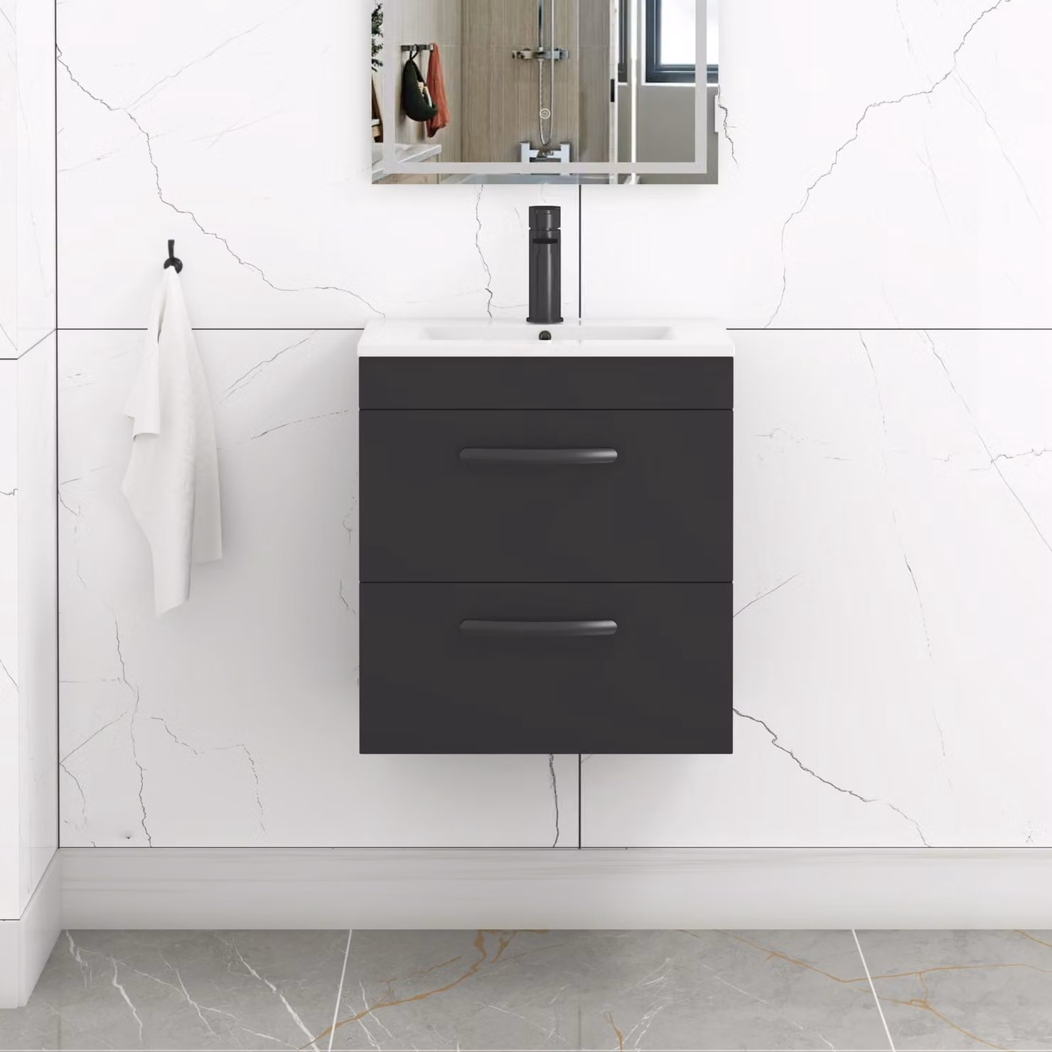 Royal Bathrooms Turin 500mm Wall Hung Vanity Unit in Matt Black with 2 Drawers and Minimalist Basin