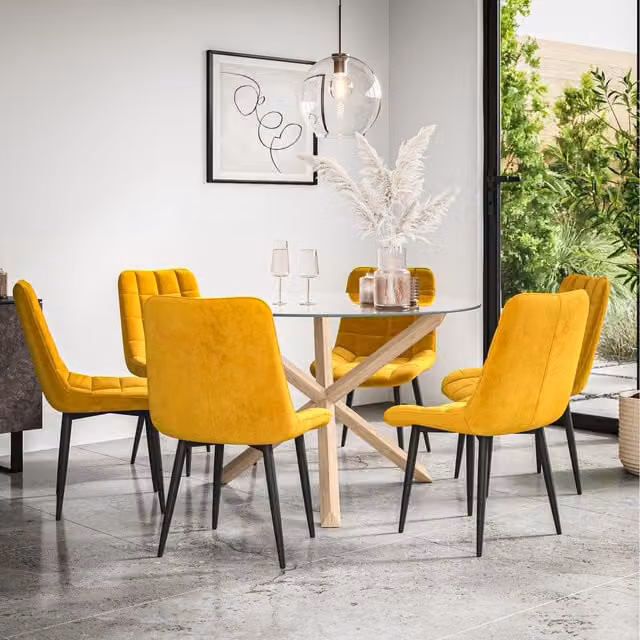More4Homes Malvern Round Glass Dining Table Set with Oak Legs and 6 Yellow Nova Velvet Chairs, Diameter: 120 cm, Height: 75 cm