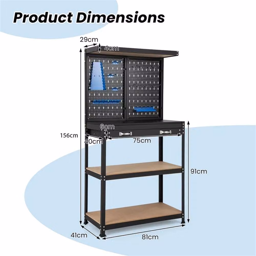 Kelvenix Metal Tool Storage Workbench with Shelves and Drawers, Black, W: 1000 cm, D: 52 cm, H: 156 cm – 2