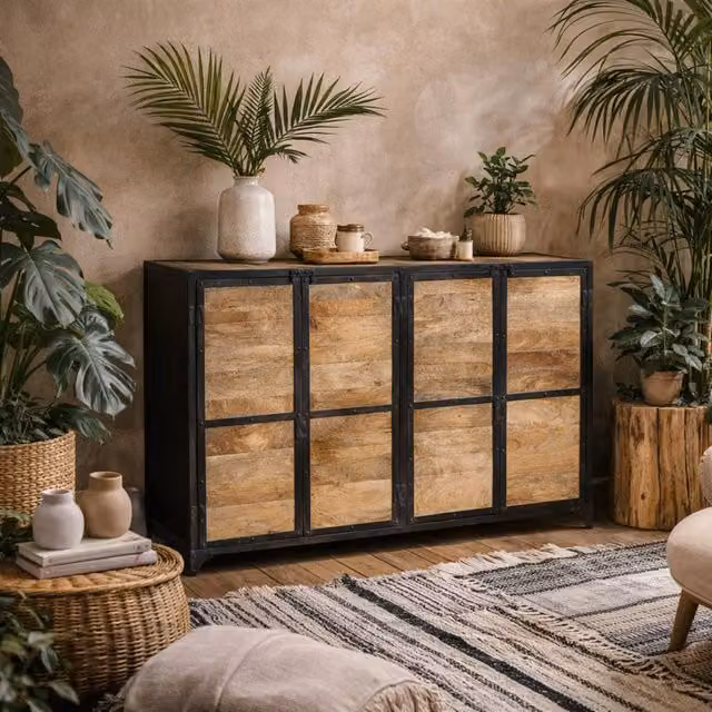 Wyld Haus Oulu Industrial Reclaimed Wood and Metal TV Unit with 2 Doors in Brown – 1