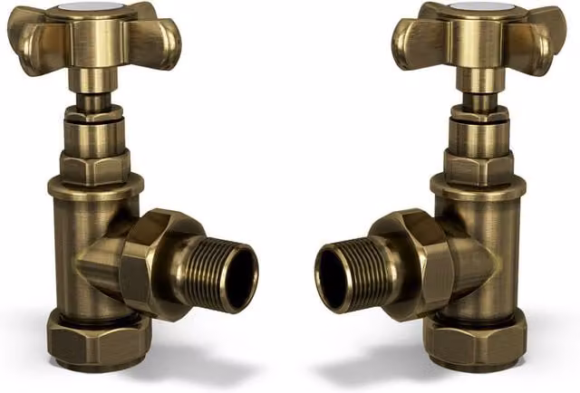 UK Radiators Signature Traditional Angled Manual Radiator Valve Pair in Polished Antique Brass with 8mm Reducers