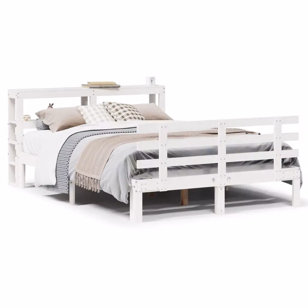 Berkfield Home Small Double Bed Frame with Headboard and Side Compartments in White Solid Pine Wood, W/D/H: 120 x 200 cm – 2