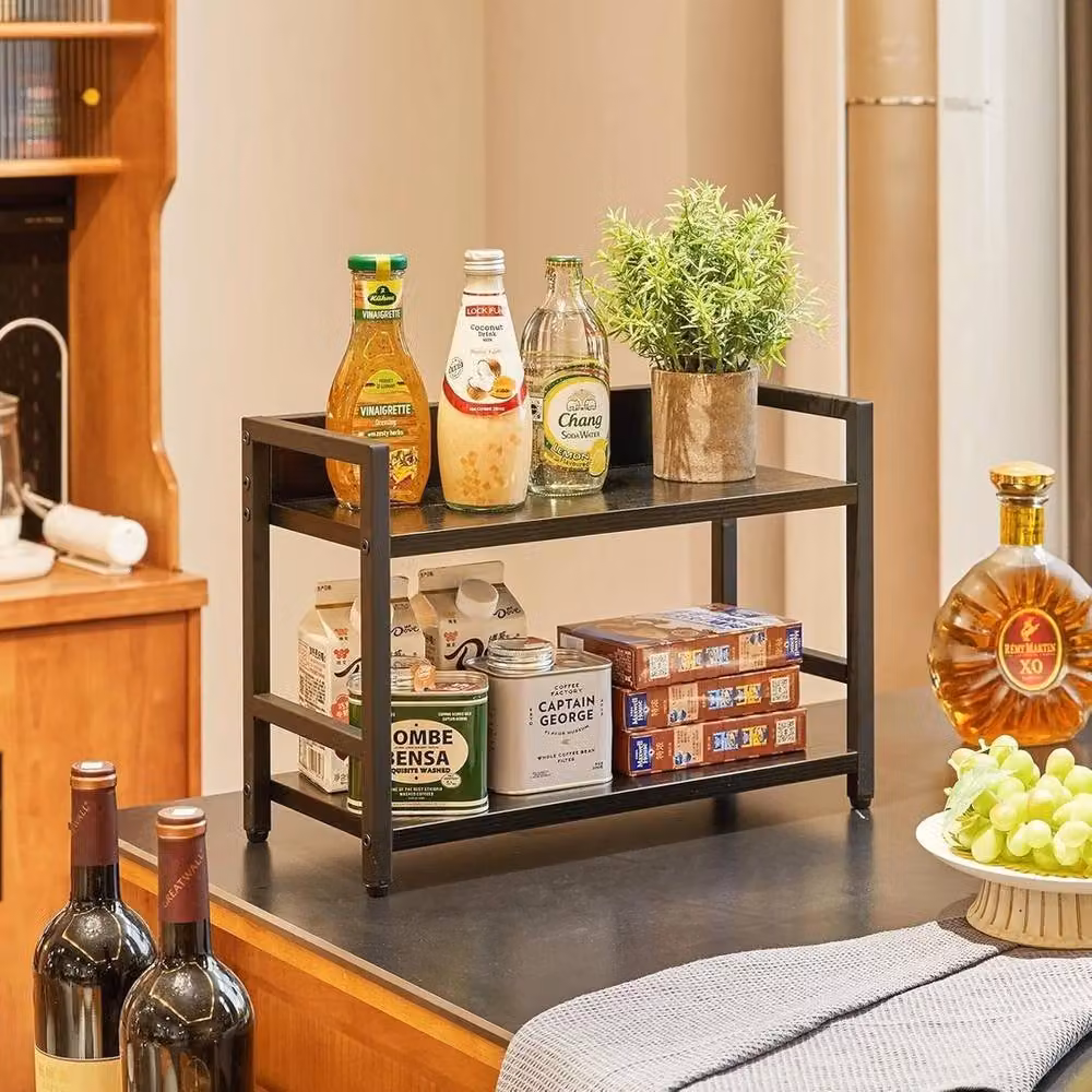 VOGREX Black Industrial 2-Tier Countertop Spice Rack Kitchen Storage Shelf – 3