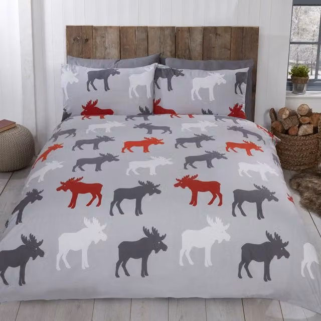 Rapport Home Moose BC Cotton Flannelette Duvet Set and Pillowcase in Grey and Red, W: 140 cm, L: 200 cm