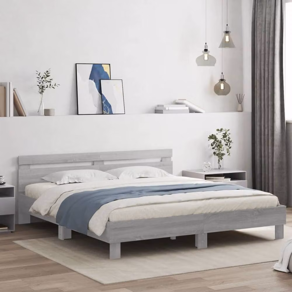Berkfield Home Super King Bed Frame in Grey Sonoma with LED Under-Bed Lighting and USB Charging Ports, W: 180 cm, D: 200 cm – 2