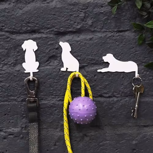 Suck UK Set of 3 Metal Dog Hooks in White with Self-Adhesive Backing – 3