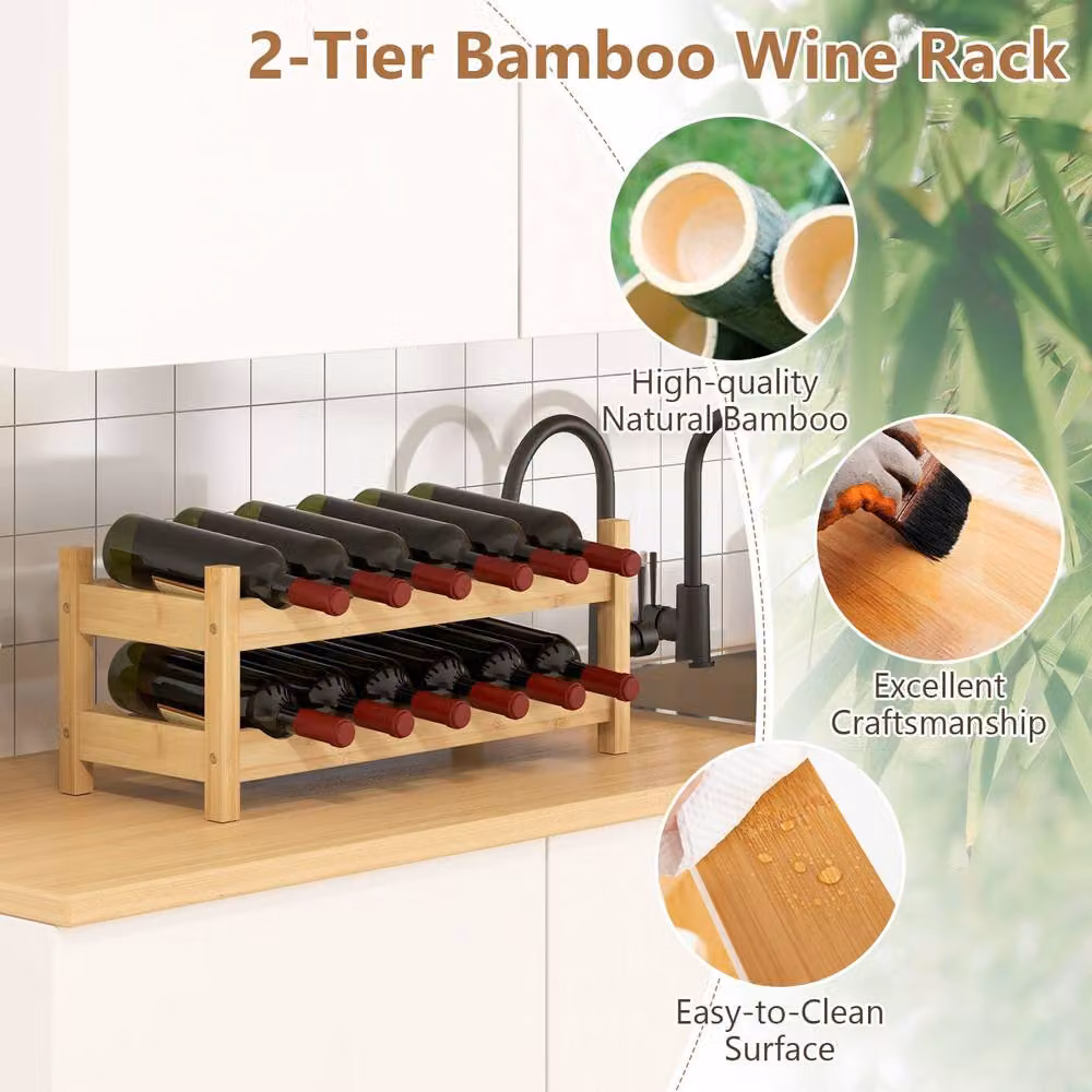 Gymax 2-Tier Bamboo Wine Rack, 12 Bottle Storage Organiser in Natural Brown – 3