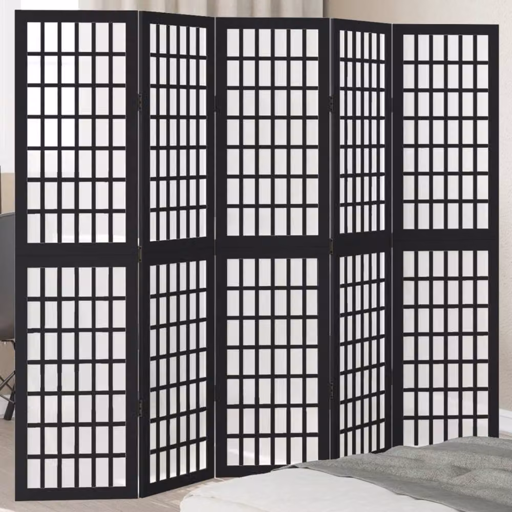 Berkfield Home 5-Panel Room Divider in Black Solid Paulownia Wood, H 180 cm x W 160 cm – 2