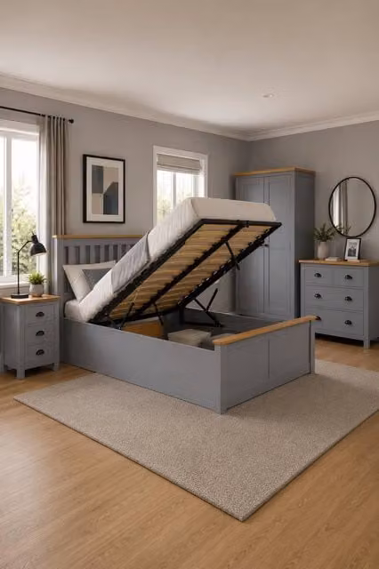 Birlea King Size Ottoman Bed with Solid Oak Wood Frame and Grey Upholstery, W/D/H: 180 x 200 cm