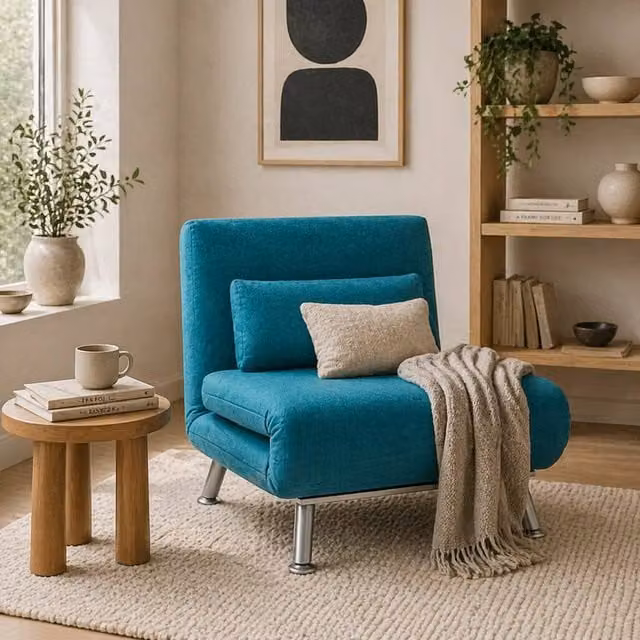 Wyld Haus Rekele Single Sleeper Chair in Petrol Blue with Metal Frame and Armrests – 1
