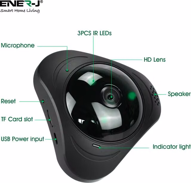 EnerJ Smart WiFi VR 360 Panoramic IP Security Camera for Home and Office, Black