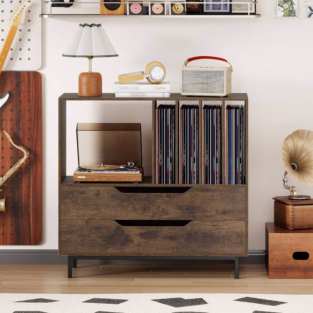Costway Mid Century Record Player Stand with Open Media Compartment in Brown – 4