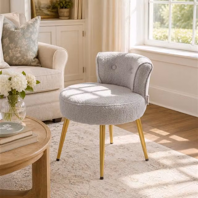 Livingandhome Soft Teddy Fleece Dressing Table Stool with Metal Legs in Grey
