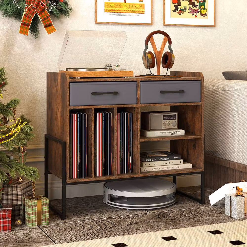 Costway Industrial Record Player Stand with Charging Station and 2 Drawers, Brown Vinyl Storage Cabinet – 7