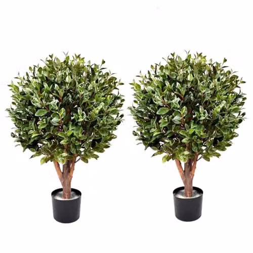 Leaf Artificial Topiary Tree Pair in Green, Tabletop Round Plastic Trees, H 50 cm x W 50 cm x D 50 cm – 1