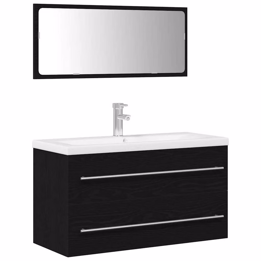 Berkfield Home Modern Black Oak Wall Mounted Bathroom Vanity Unit and Mirror Cabinet Set – 3