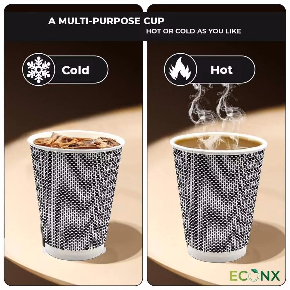 ECONX 200 Disposable 3-Ply Kraft Ripple Paper Coffee Cups, 12oz, Black – 3