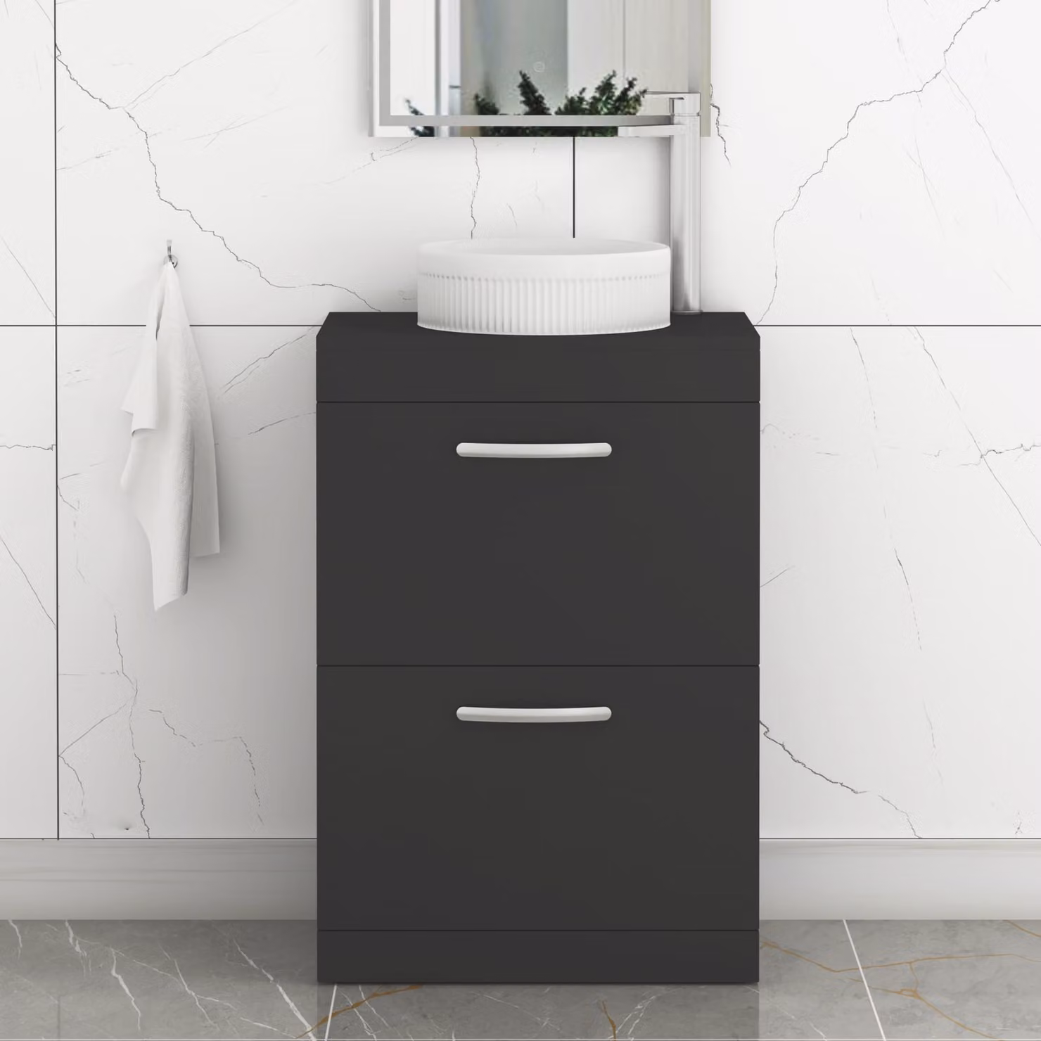 Royal Bathrooms Turin 500mm Floor Standing 2 Drawer Vanity Unit with Round Countertop Basin in Matt Black