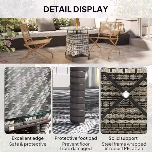 Outsunny Grey Wicker Rattan Garden Table with Tempered Glass Top and Umbrella Hole – 6