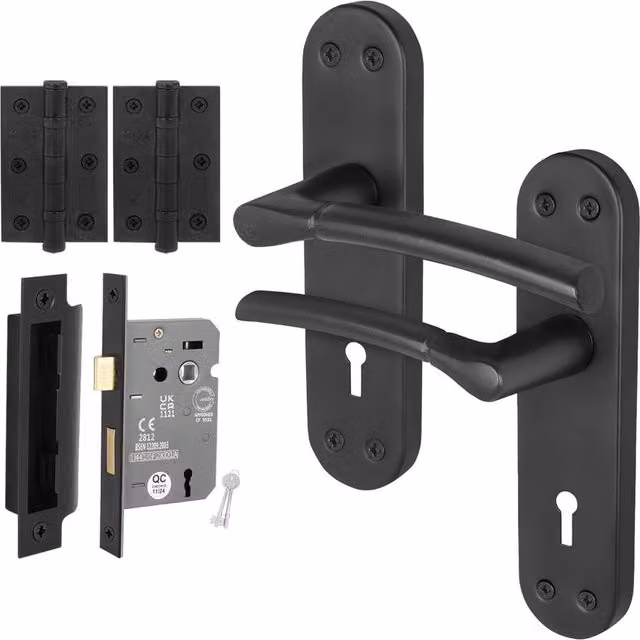 AFIT Matt Black Privacy Door Handle Set with Backplate, Lock and Hinges, W/D/H: 150 x 150 x 150 mm – 1
