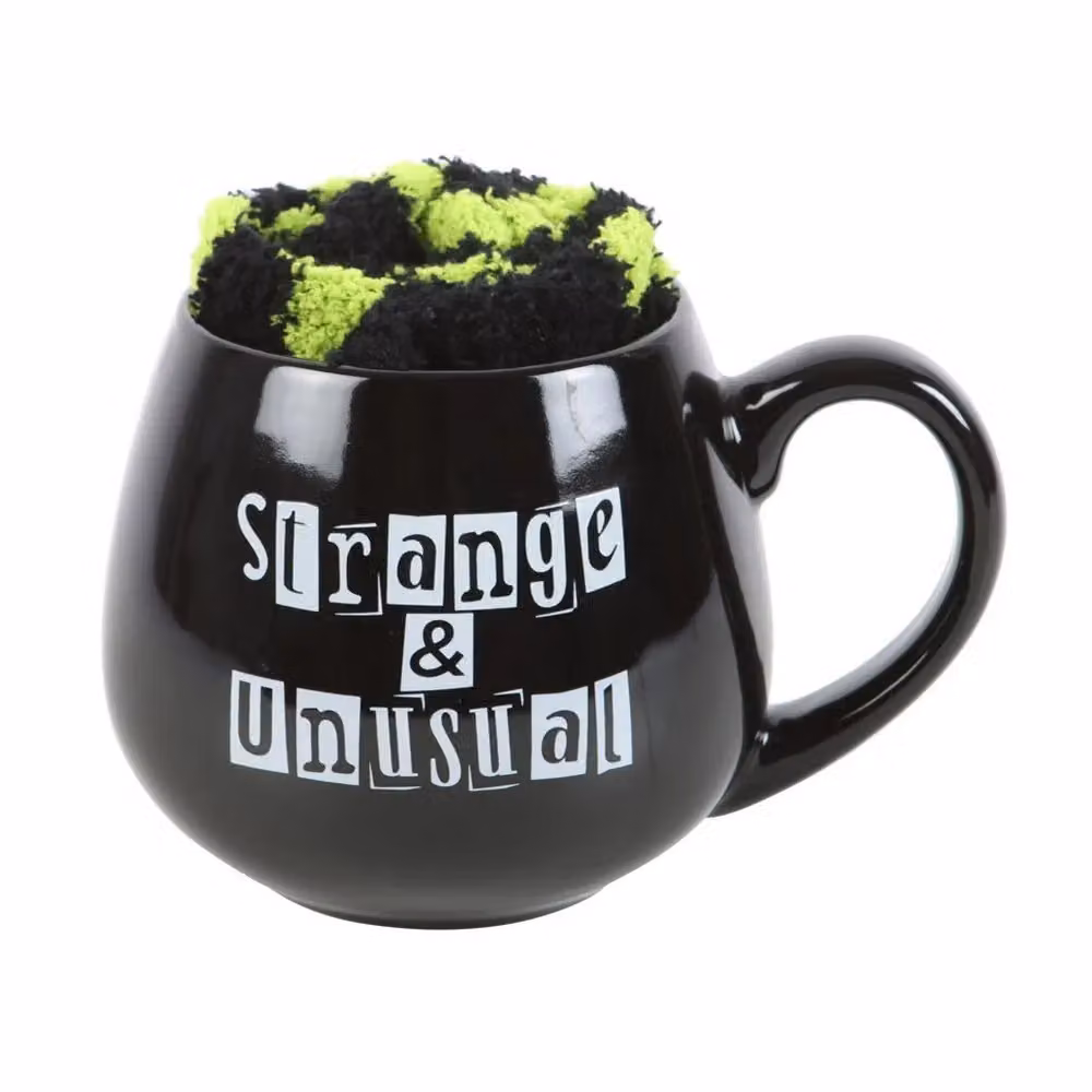 Something Different Strange and Unusual Black Striped Mug and Unisex Sock Set – 2