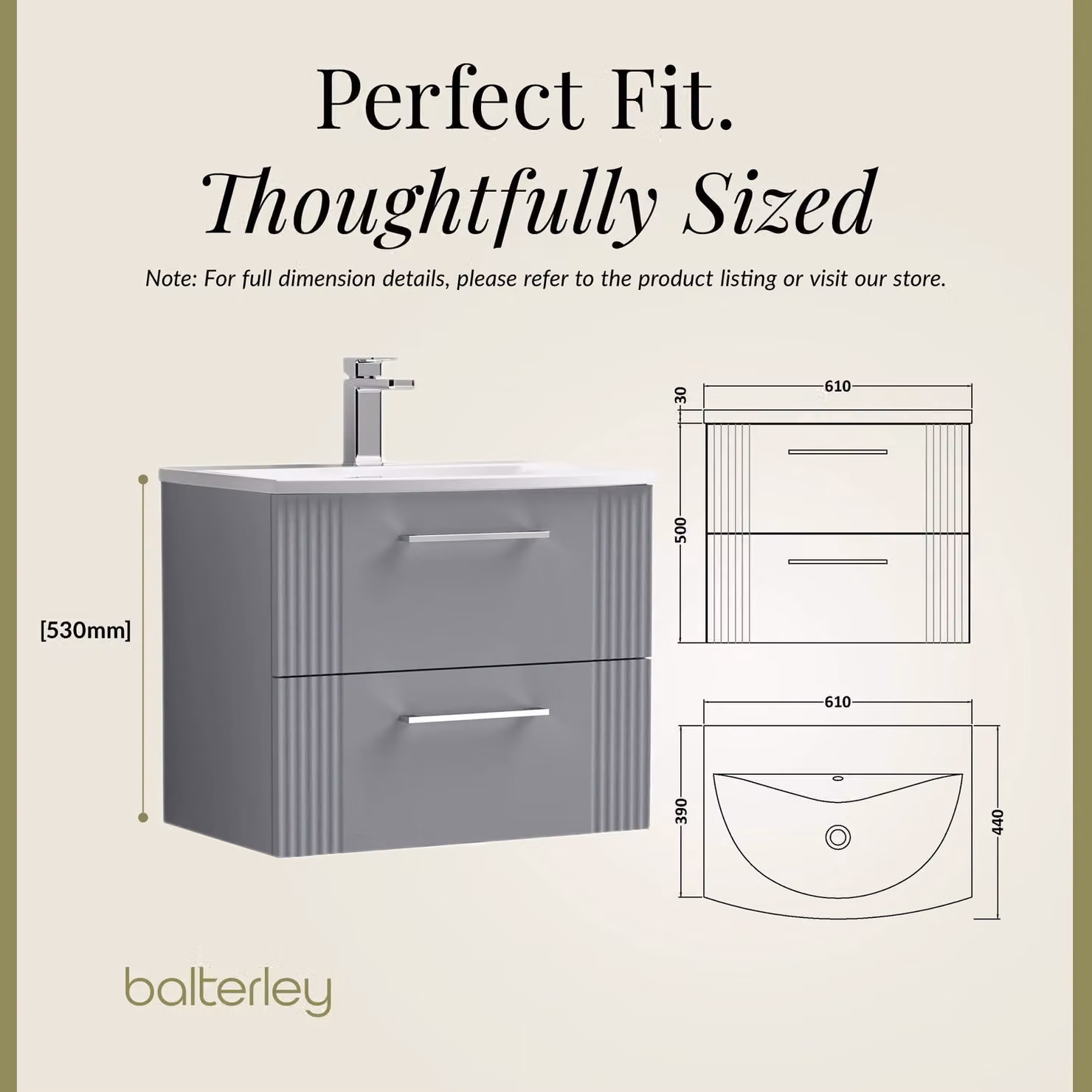 Balterley Wall Hung 2 Drawer Vanity Unit with Curved Basin, Satin Grey, Width: 120 cm – 3