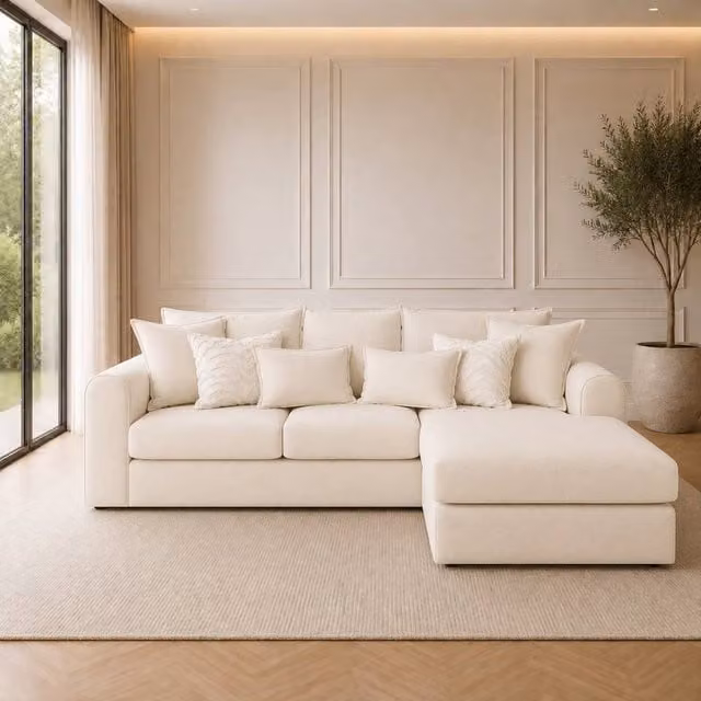 Home & Love Ariana Luxury Right Chaise Corner Fixedback Sofa in Naples Cream Fabric, W 250 cm x D 160 cm x H 160 cm