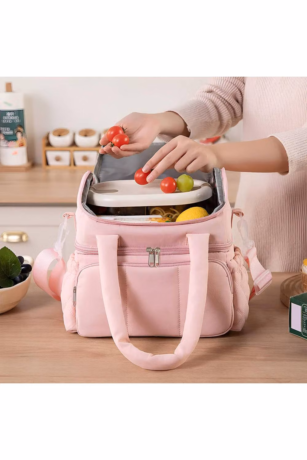 Living and Home 2 Layer Portable Insulated Fabric Lunch Bag in Pink – 2
