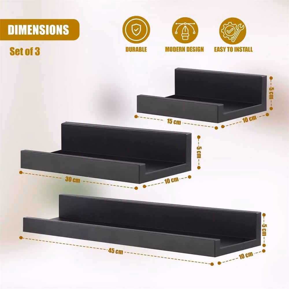 Nordara 3-Piece Black Matt Floating Wall Mounted Display and Storage Shelves – 2