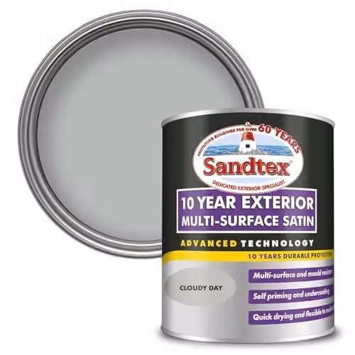 Sandtex 10 Year Multi Surface Satin Paint, Cloudy Day Grey, 0.75 l