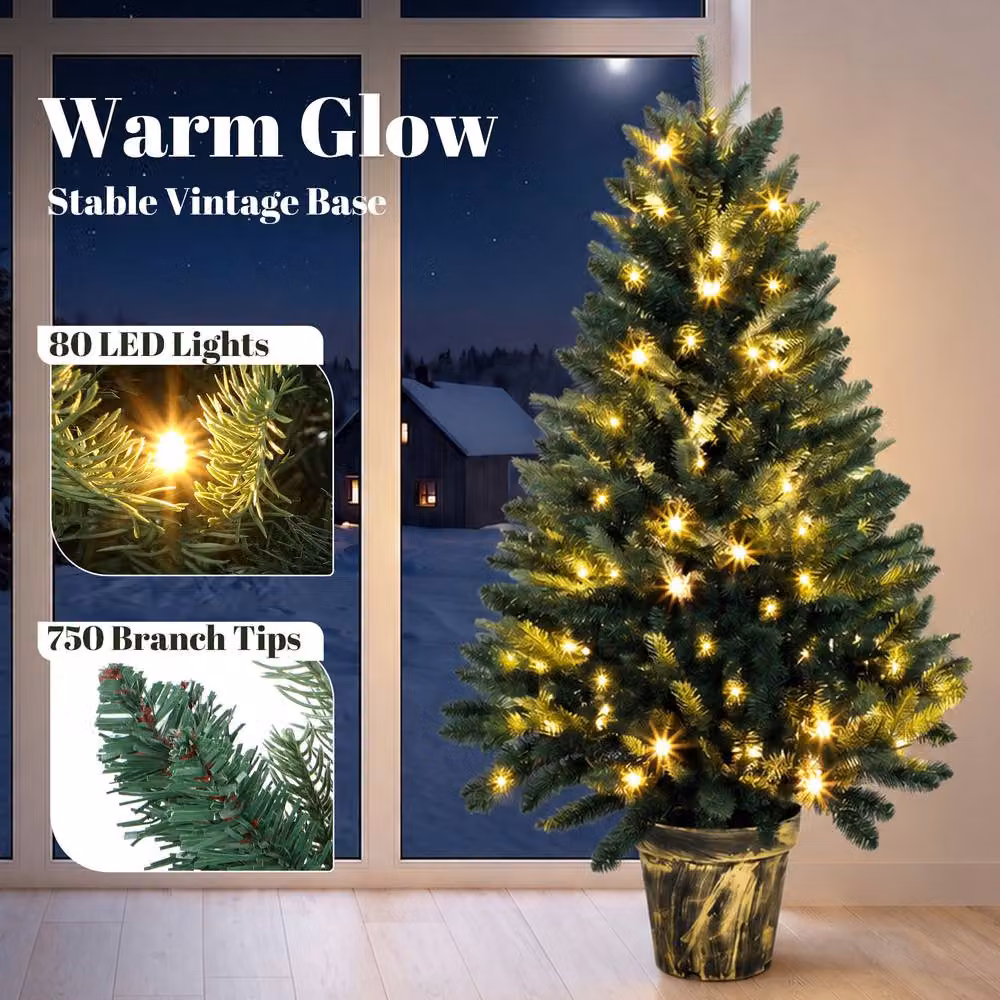 HOMCOM Realistic Green Christmas Tree with 80 Warm White LED Lights – 4