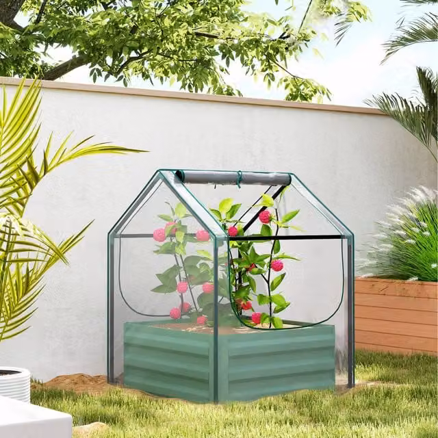 Outsunny Raised Garden Bed Planter Box with Greenhouse in Green and Dark Grey
