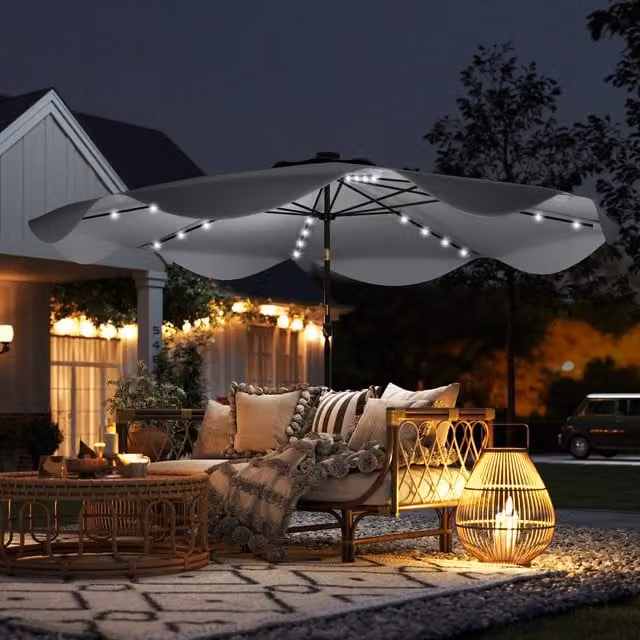 Outsunny Solar Garden Parasol Umbrella with LED in Dark Grey