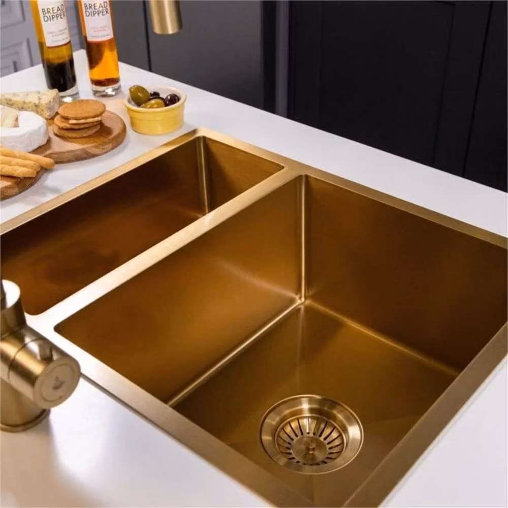 PAWNORA Brushed Brass 1.5 Bowl Stainless Steel Kitchen Sink in Gold – 2