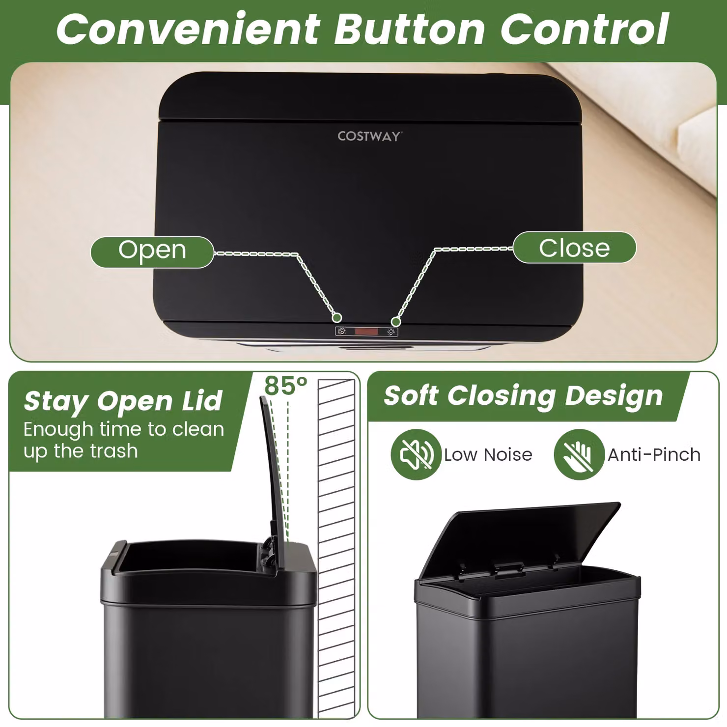 Costway 56L Stainless Steel Motion Sensor Trash Can with Soft Close and Fingerprint Proof Finish in Black – 5