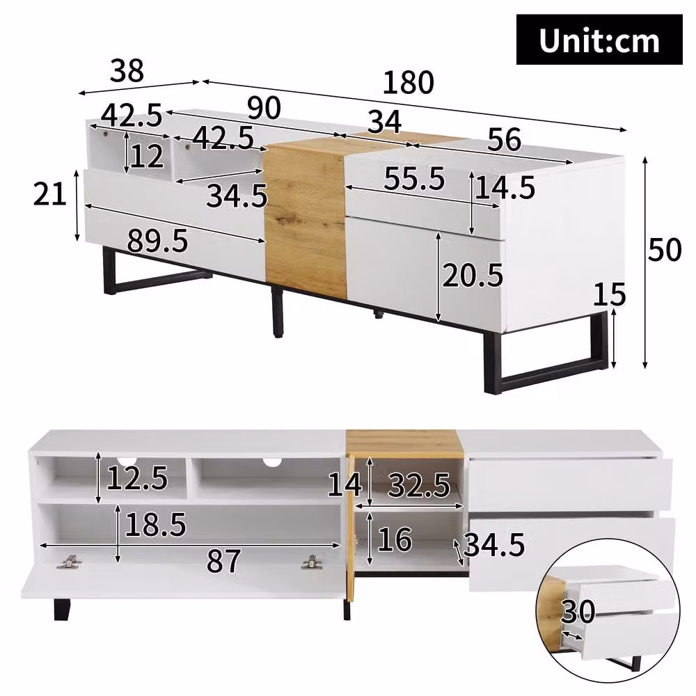 Matteo Modern White and Wood Look TV Cabinet with Storage and Metal Feet, Width: 180 cm – 3