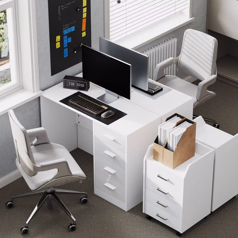 Wyld Haus Reka Modern Glossy White Writing Desk with Dual Pedestal Drawers, H: 98 cm, W: 120 cm, D: 60 cm – 8
