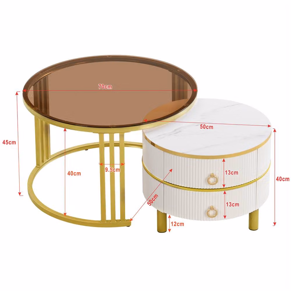 Merax Modern Round 2-Piece Nesting Coffee Table Set with Glass Tops in White and Brown – 2