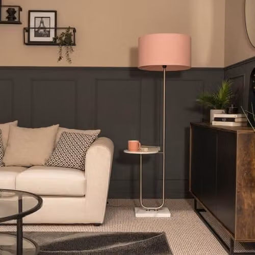 ValueLights MiniSun Floor Lamp with Brushed Chrome Stem, Marble Base and Blush Pink Fabric Shade – 2