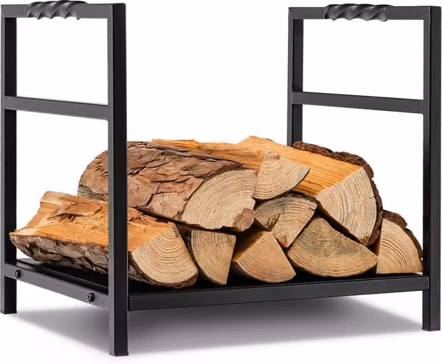 COSTWAY Black Metal Firewood Log Rack with Solid Bottom Panel and Screw Thread Handle