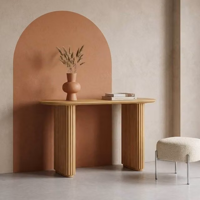sweeek Oval Console Table in Brown Rubberwood and Oak-Effect Veneer