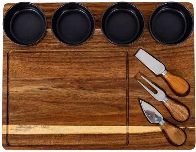 KDMD Acacia Wood Rectangular Cheese Board Set with Grey Ceramic Bowls and Cutlery in Brown – 1