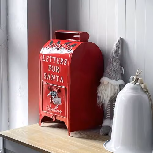HOMCOM Christmas Freestanding Metal Post Box in Red and White – 5