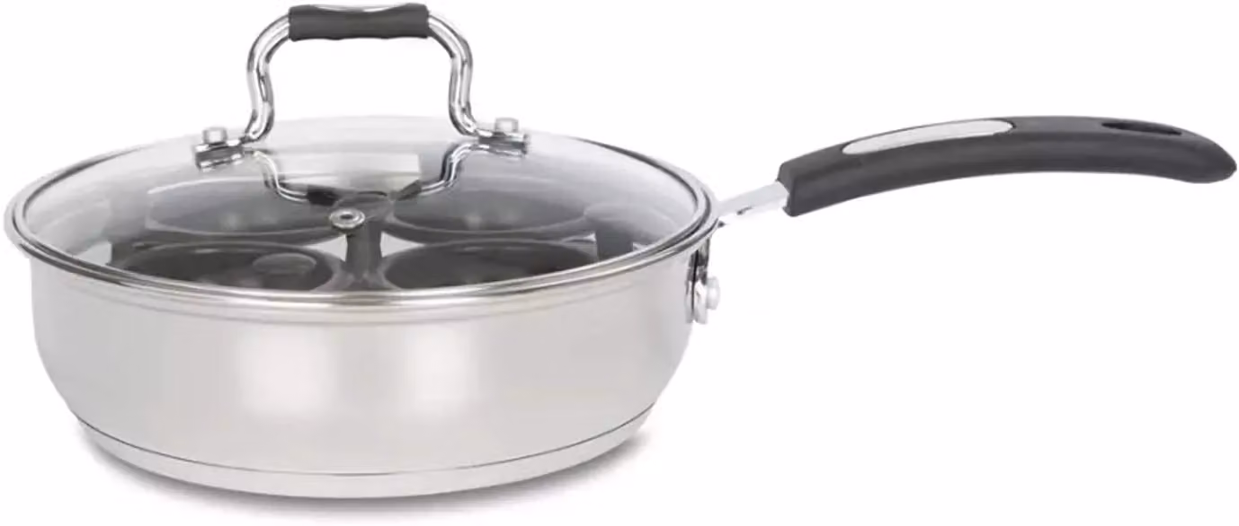 Baccarat 2-in-1 Stainless Steel 4 Cup Egg Poacher and Frying Pan with Glass Lid, Metallic Silver, Diameter: 20 cm – 3