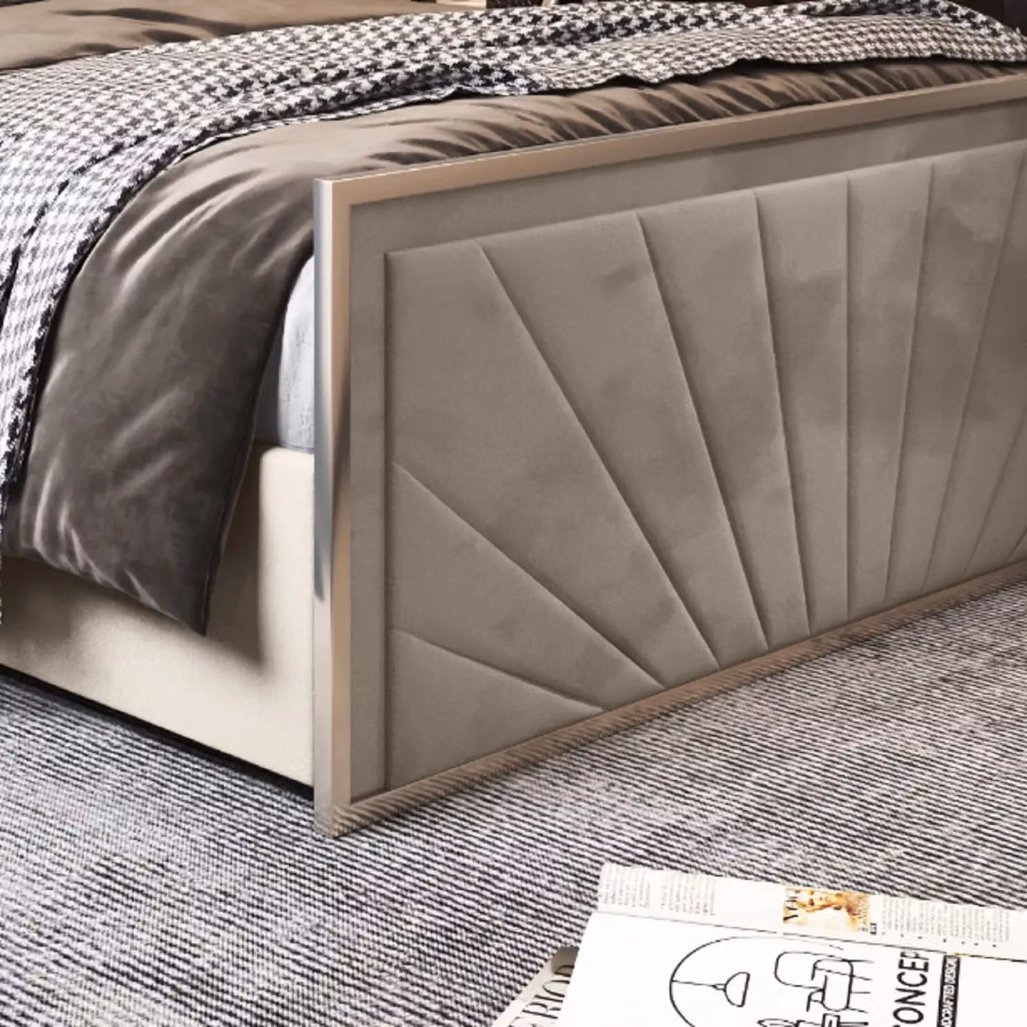 Casani Geometric Upholstered Velvet Bed Frame in Beige W/D/H: 90 x 200 x 137 cm – 4