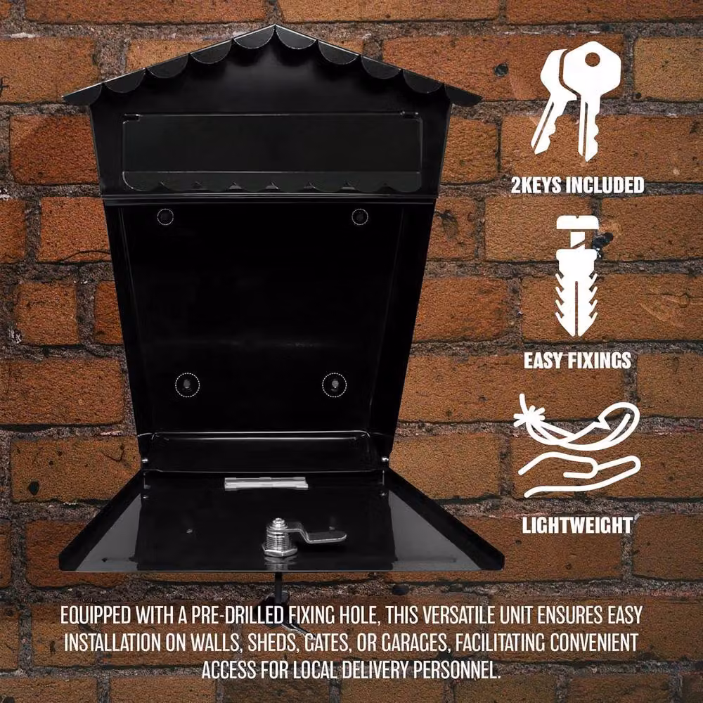 BARGAINS-GALORE Black Steel Wall Mounted Large Post Box, W/D/H: 30.0 x 25.0 x 8.0 cm – 3